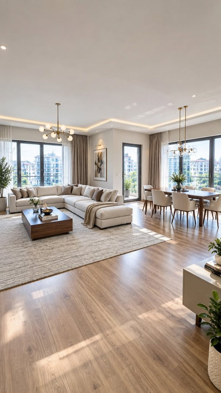 Dining table with white chairs positioned next to large windows in a bright room