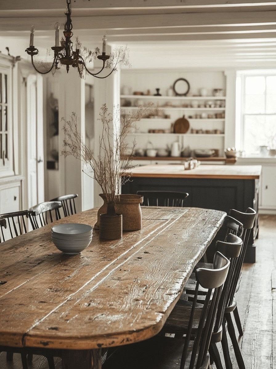 Weathered natural wood dining table with black spindle chairs in a rustic room.
