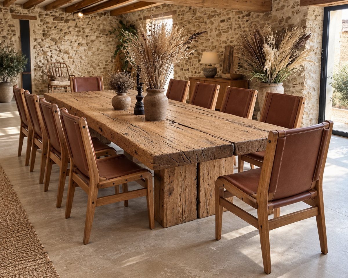 Rustic reclaimed wood dining table with leather chairs in a stone-walled room