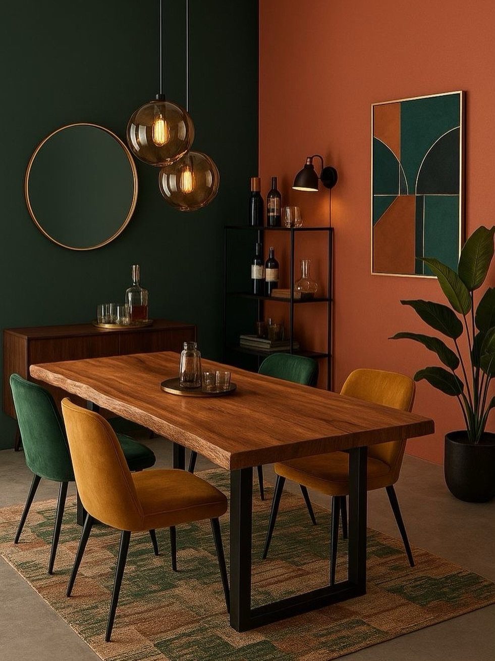 Wooden dining table with colorful velvet chairs against a terracotta-red and dark green wall.