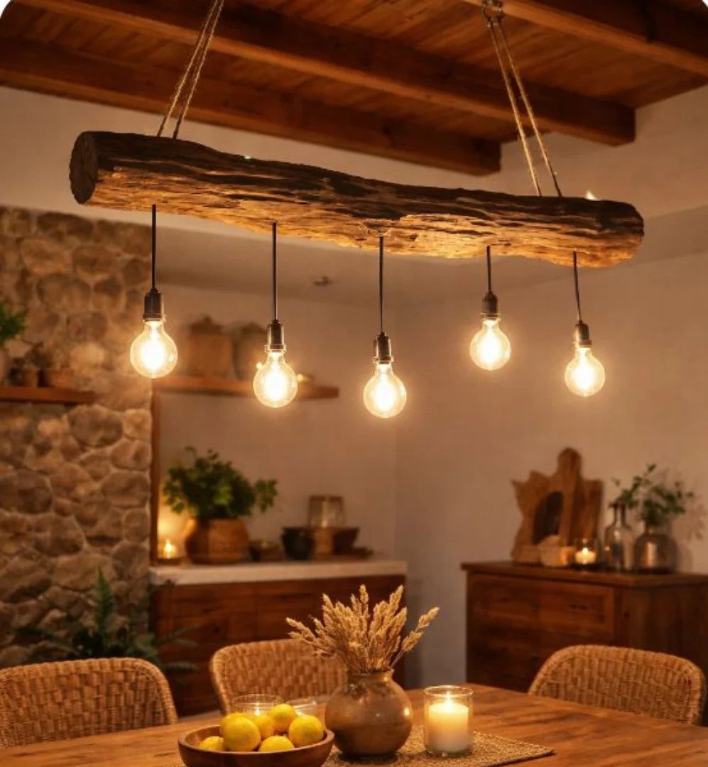 Rustic dining room with a log light fixture, stone walls, and wooden furniture.