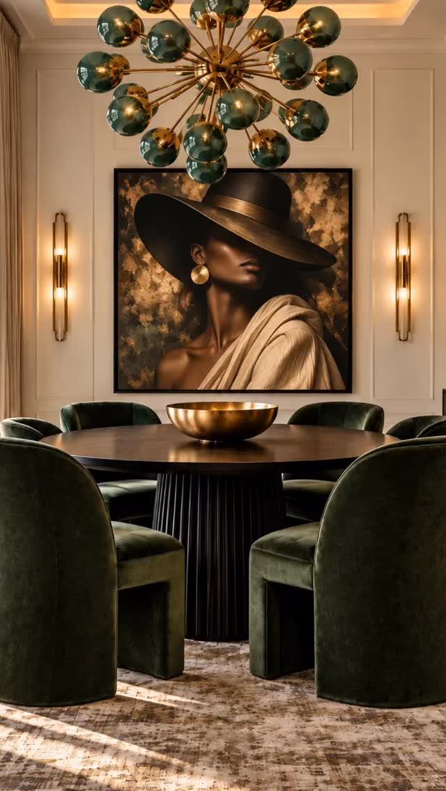 Gold chandelier with green glass spheres hanging over a round dining table and velvet chairs.