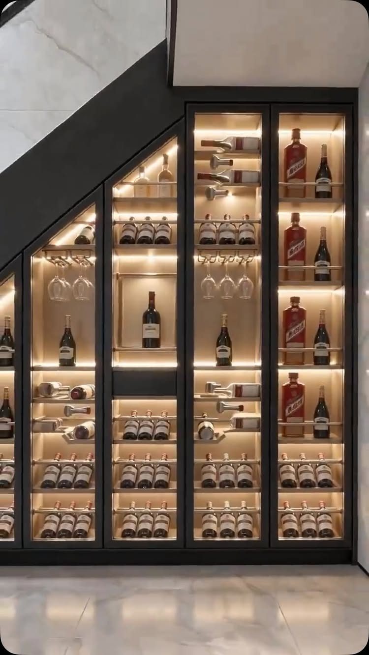 Built-in wine storage unit under a staircase with illuminated glass cabinets and wine bottles.