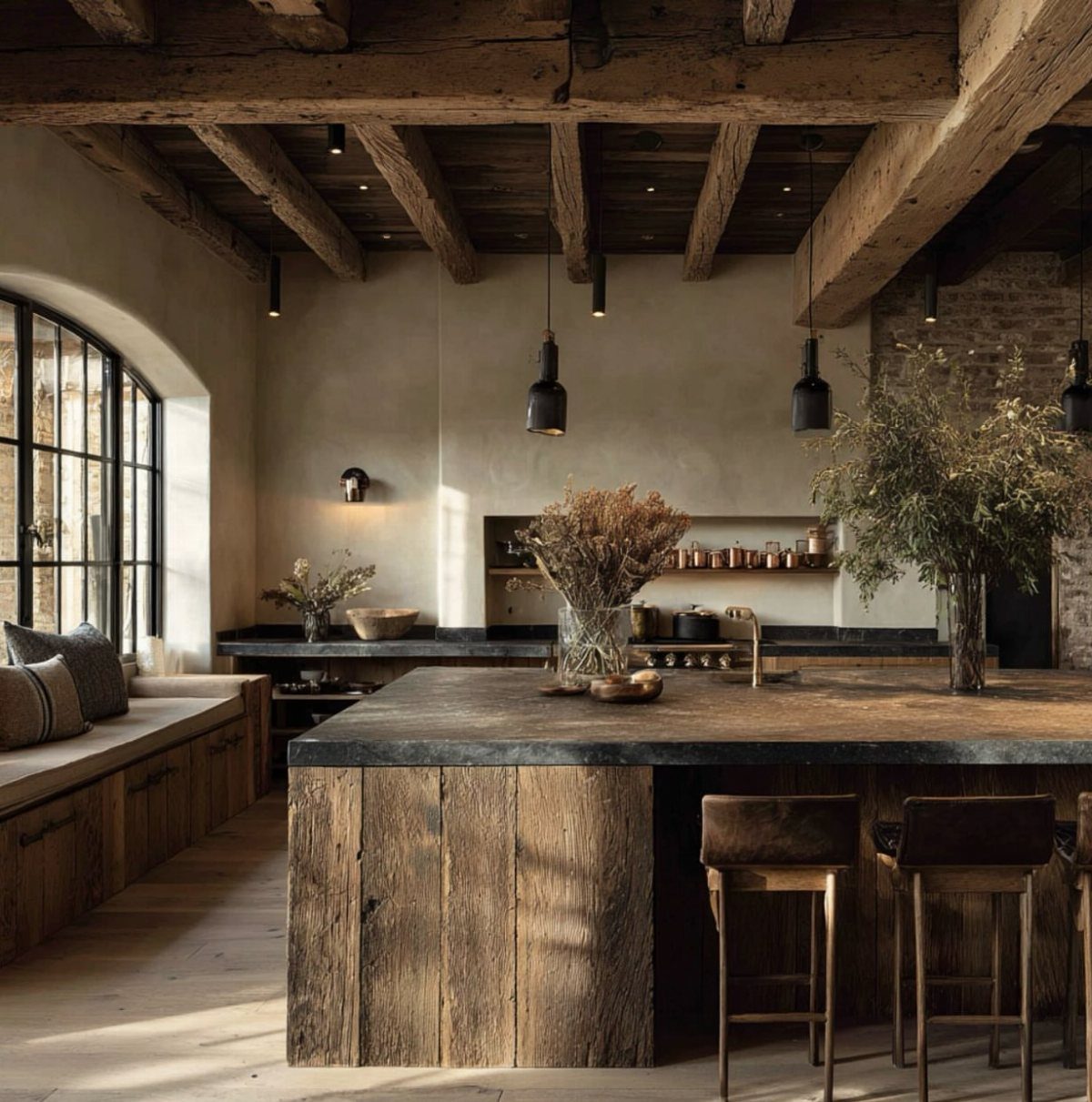 Exposed wood beams on the ceiling of a rustic kitchen with a wooden island.