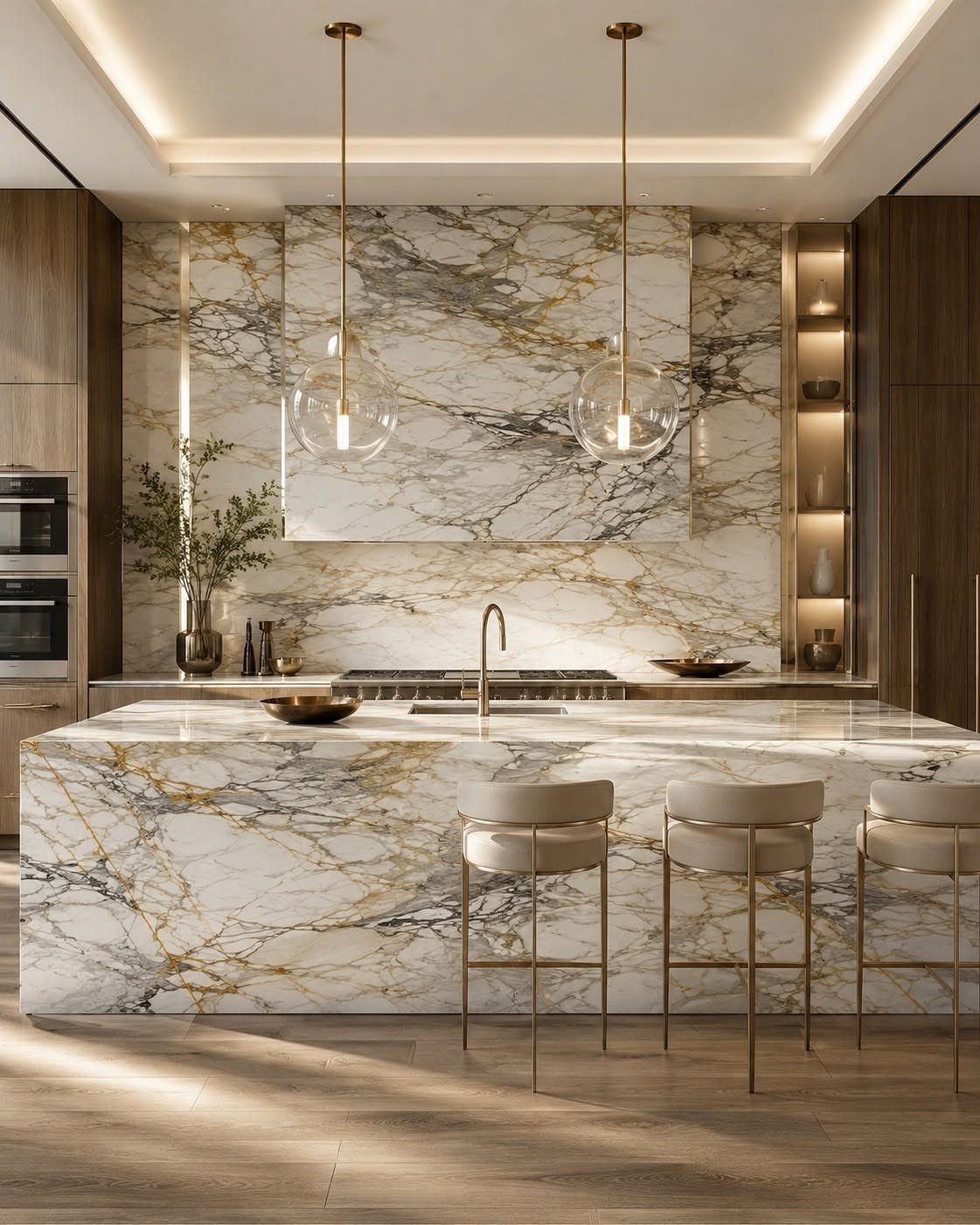 Marble waterfall island with gold veining and matching bar stools in a luxury kitchen.