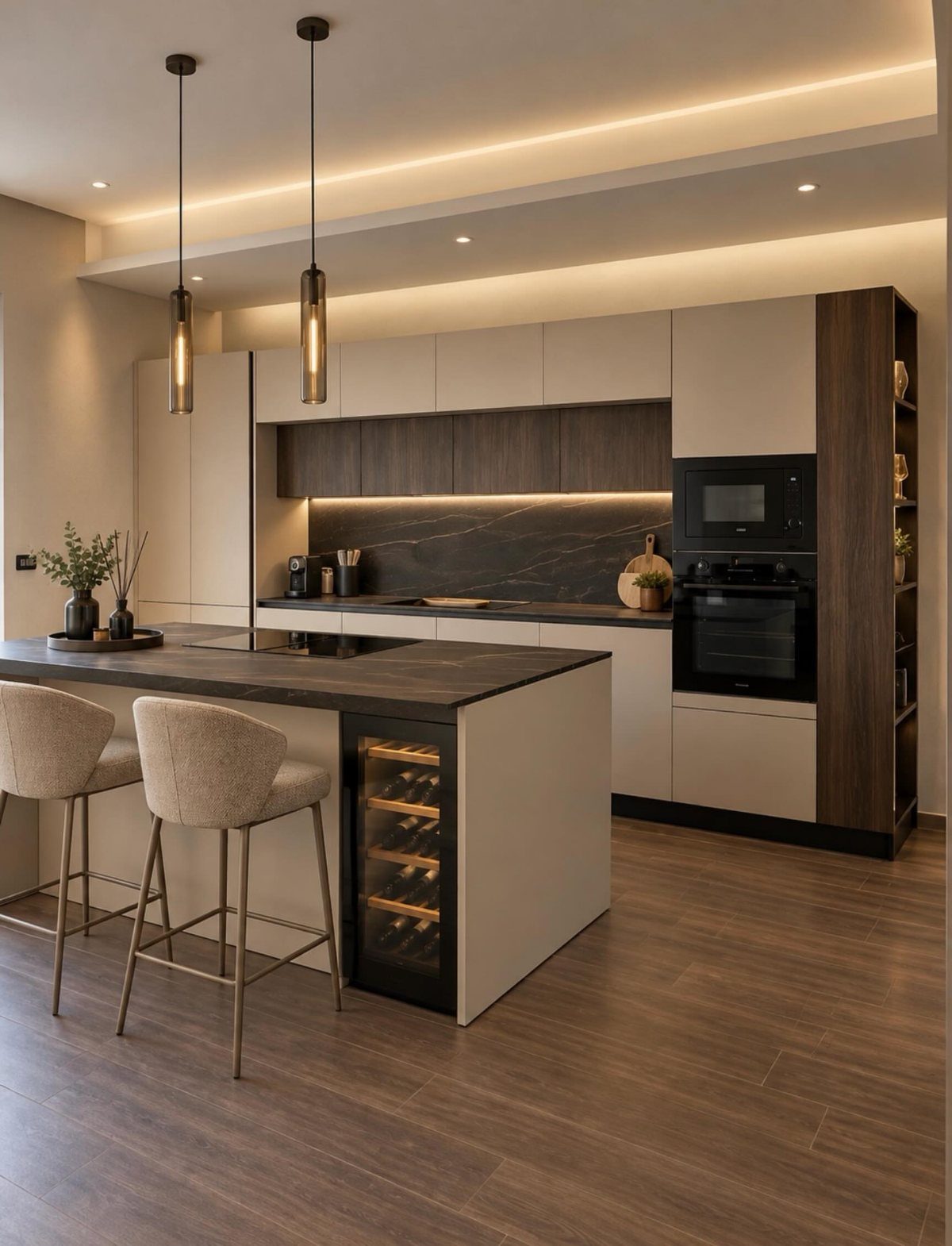 Modern kitchen with a large island, beige cabinetry, and built-in wine storage.