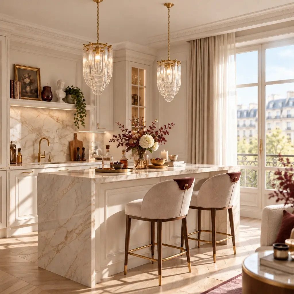 Two ornate crystal chandeliers hanging over a white marble kitchen island with beige stools.