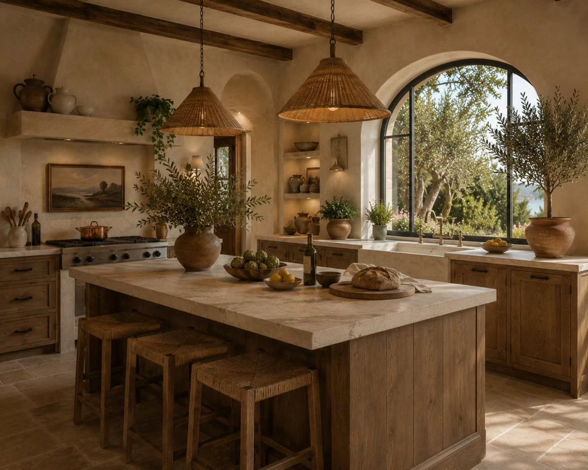 Rustic kitchen with marble island and large arched window letting in bright sunlight