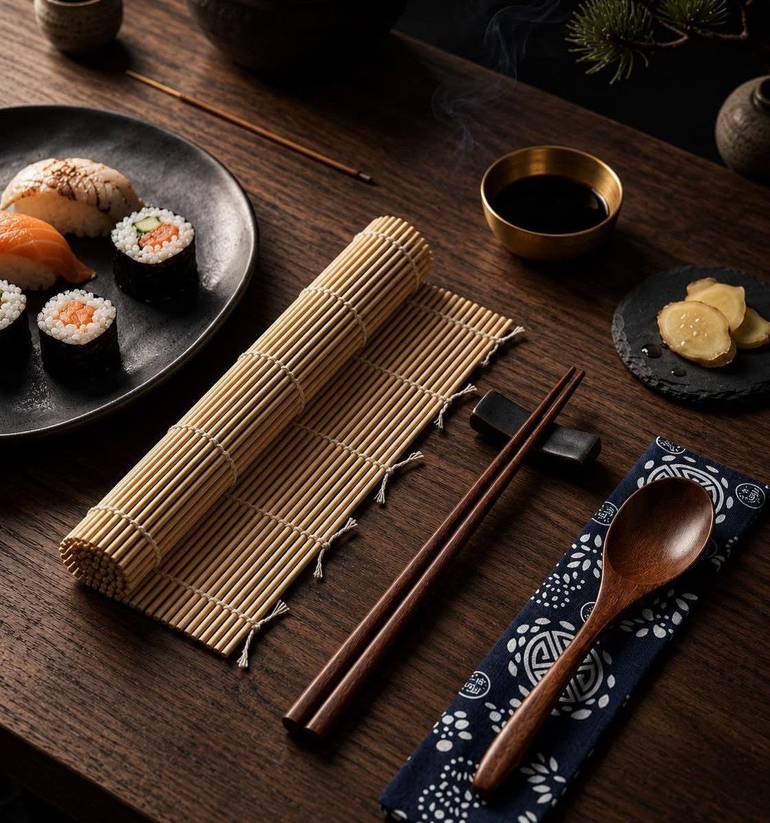 Bamboo sushi mat, wooden chopsticks, and spoon next to a plate of sushi.