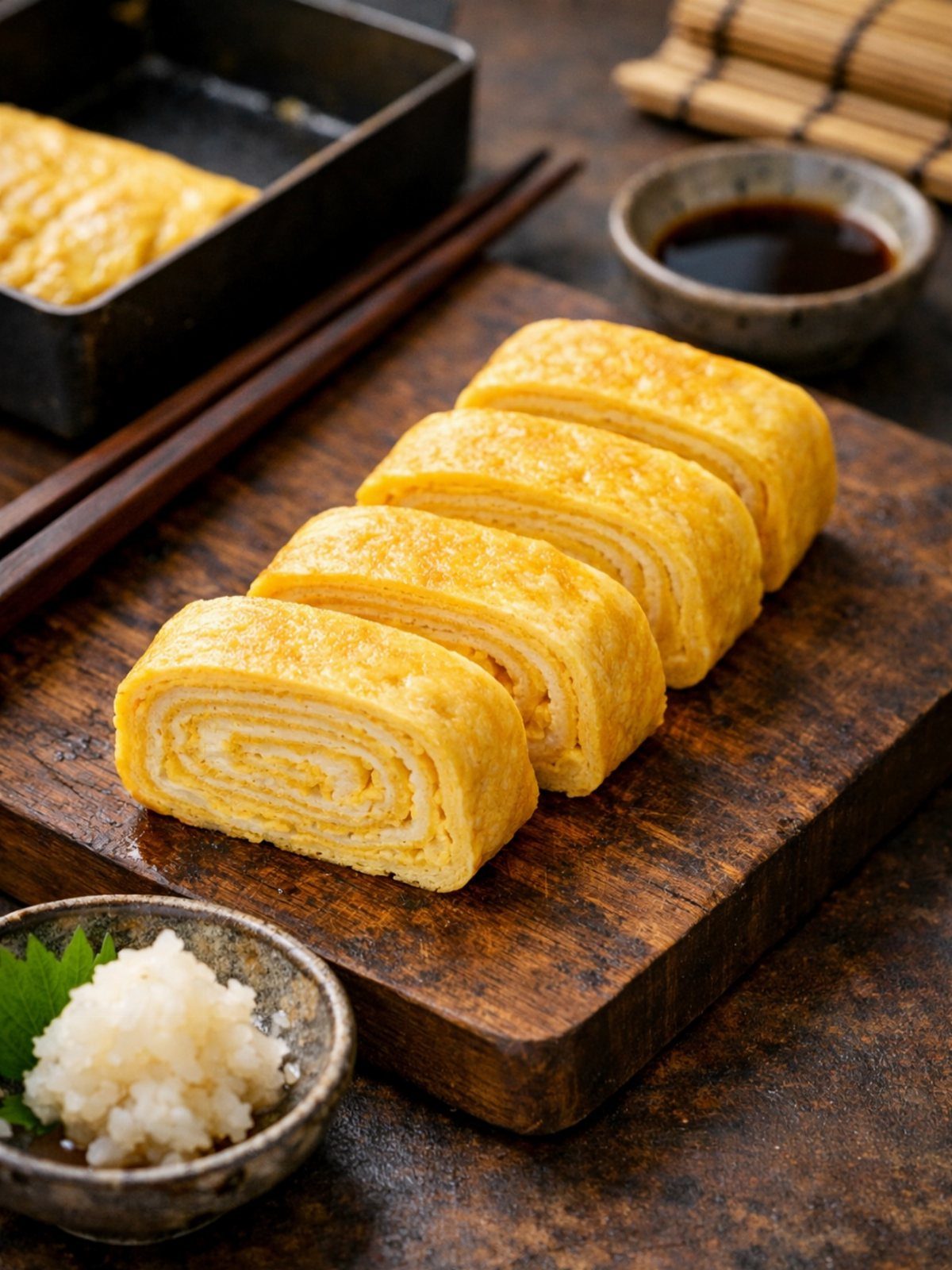 Slices of rolled tamagoyaki omelet on a wooden board next to a rectangular pan.
