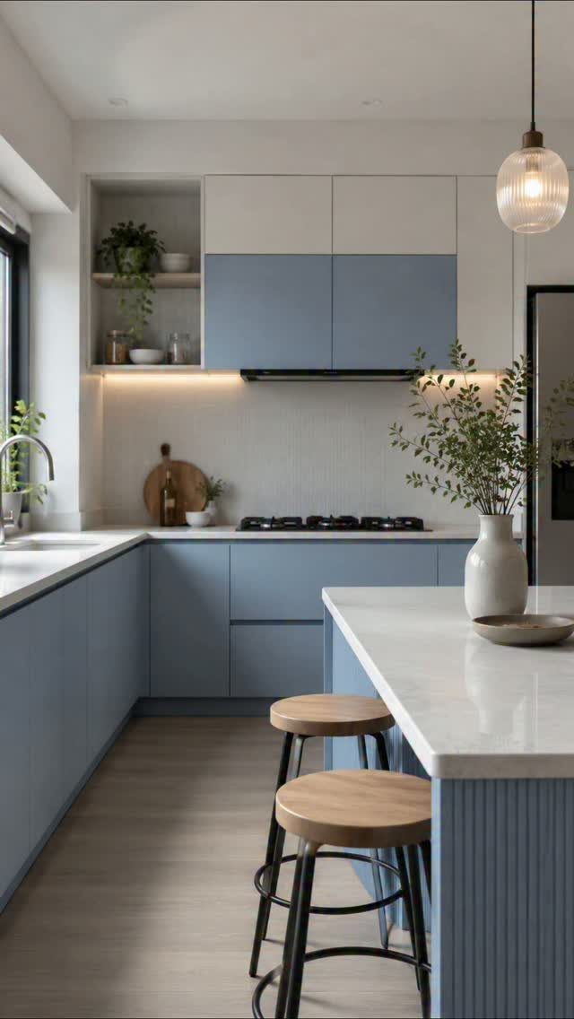 Blue-gray lower kitchen cabinets and island with white upper cabinets and countertops.