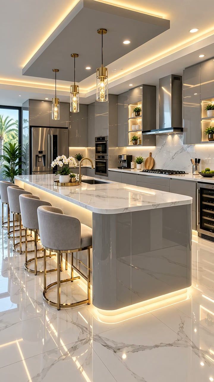 Modern kitchen with glossy gray cabinets, white marble countertops, and gold-framed bar stools.