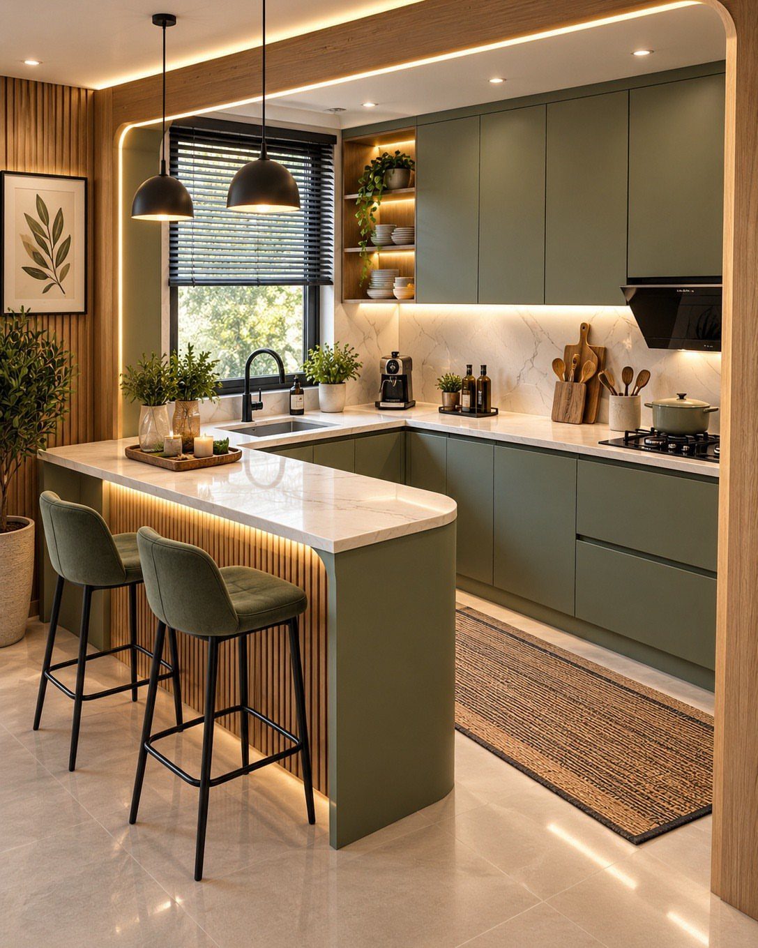 Gray-green kitchen island and cabinets with white countertops and green velvet bar stools.