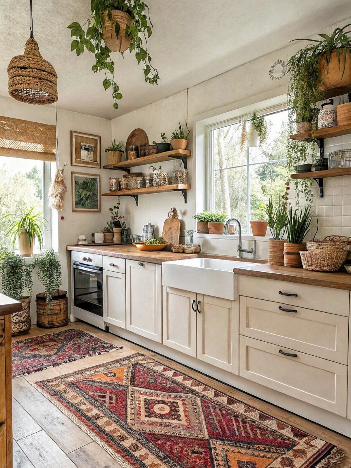 Off-white kitchen cabinets with natural wood countertops and open wooden wall shelves.