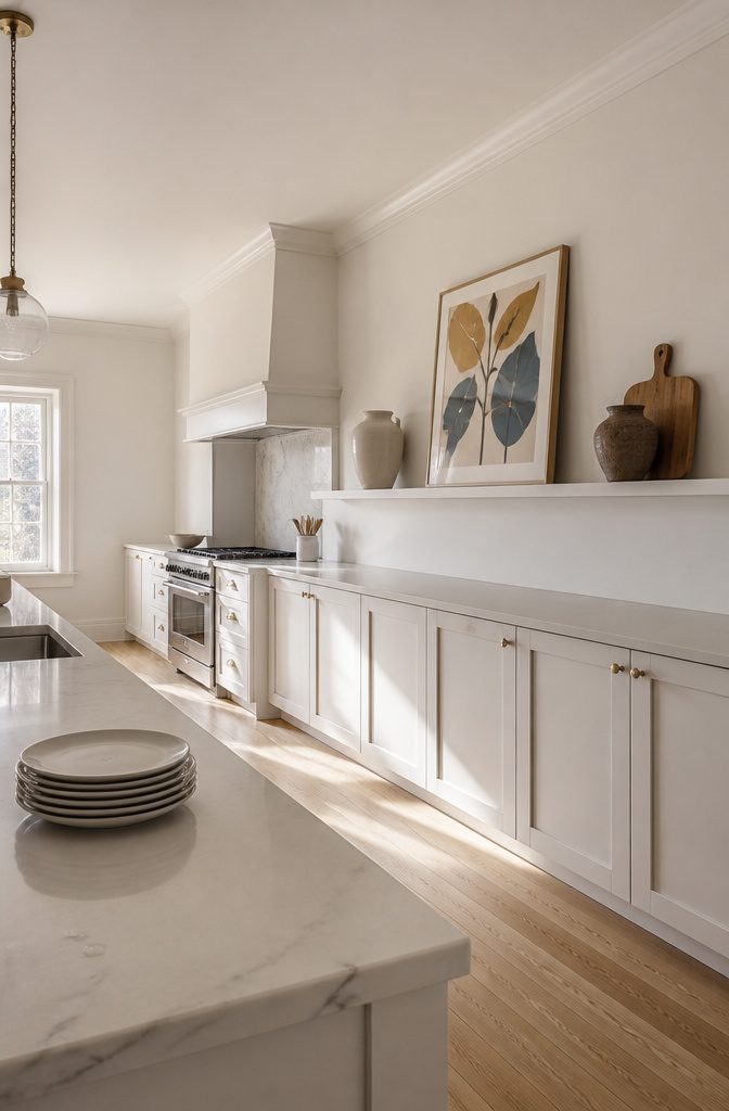 Decorative urns and framed pictures arranged above kitchen cabinets