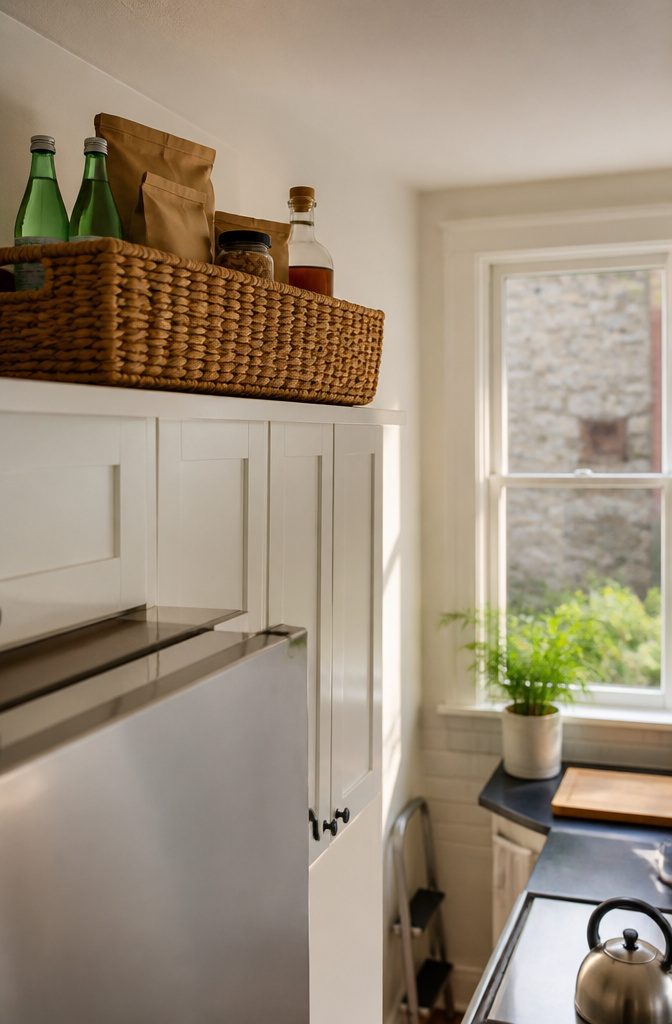 Wicker baskets storing coffee grounds and bottles above kitchen cabinets