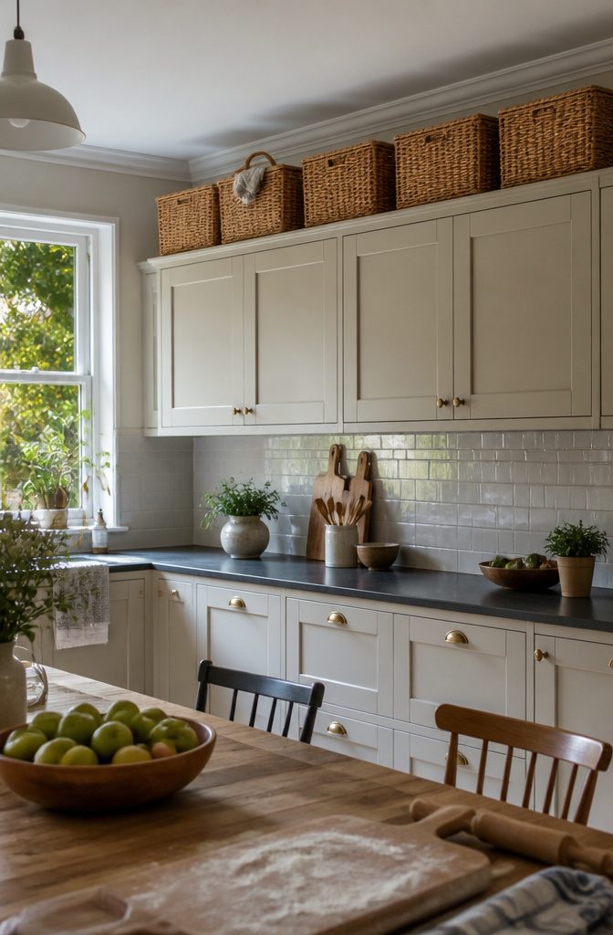 Lidded honey-brown wicker baskets above pale kitchen cabinets