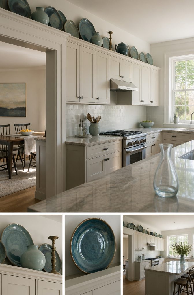 Collections of plates vases and teapots arranged above kitchen cabinets