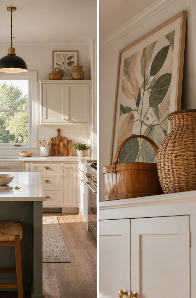 Art and wood-toned basket above white kitchen cabinets
