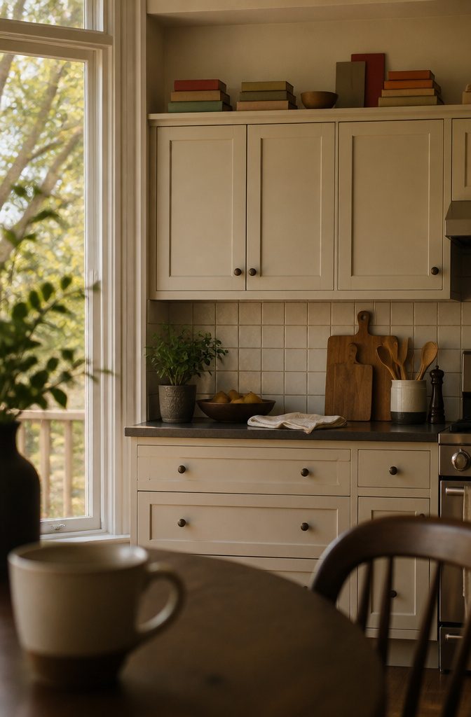 Uneven stacks of cookbooks beside a ceramic bowl above cabinets