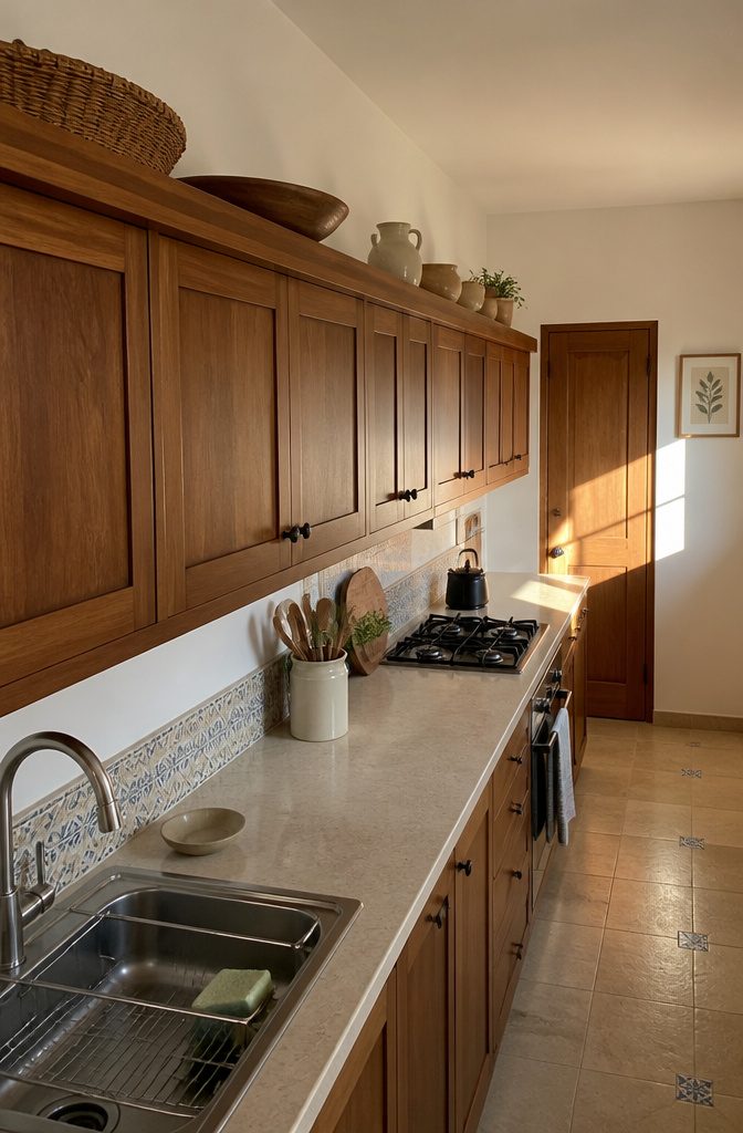 Wood rail with wicker tray and serving platter above kitchen cabinets