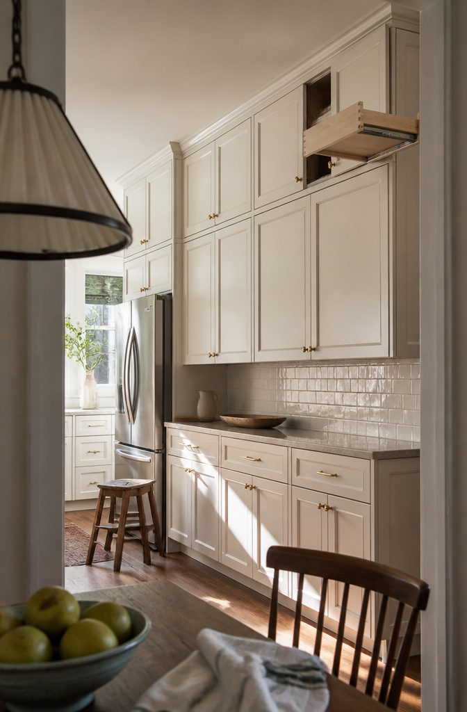 Upper cabinets stacked above existing kitchen cabinets