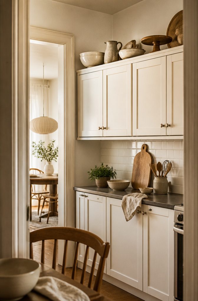 Large salad bowl and serving boards arranged above kitchen cabinets