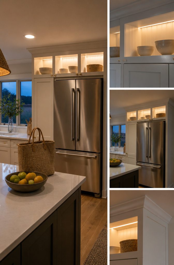 White beadboard cubbies with LED lights above a refrigerator