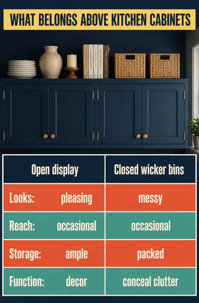 Kitchen cabinet tops with displayed plates and wicker storage bins