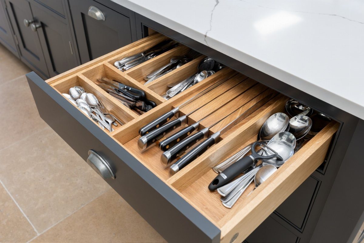 Open grey kitchen drawer with wooden dividers organizing various metal cooking utensils.