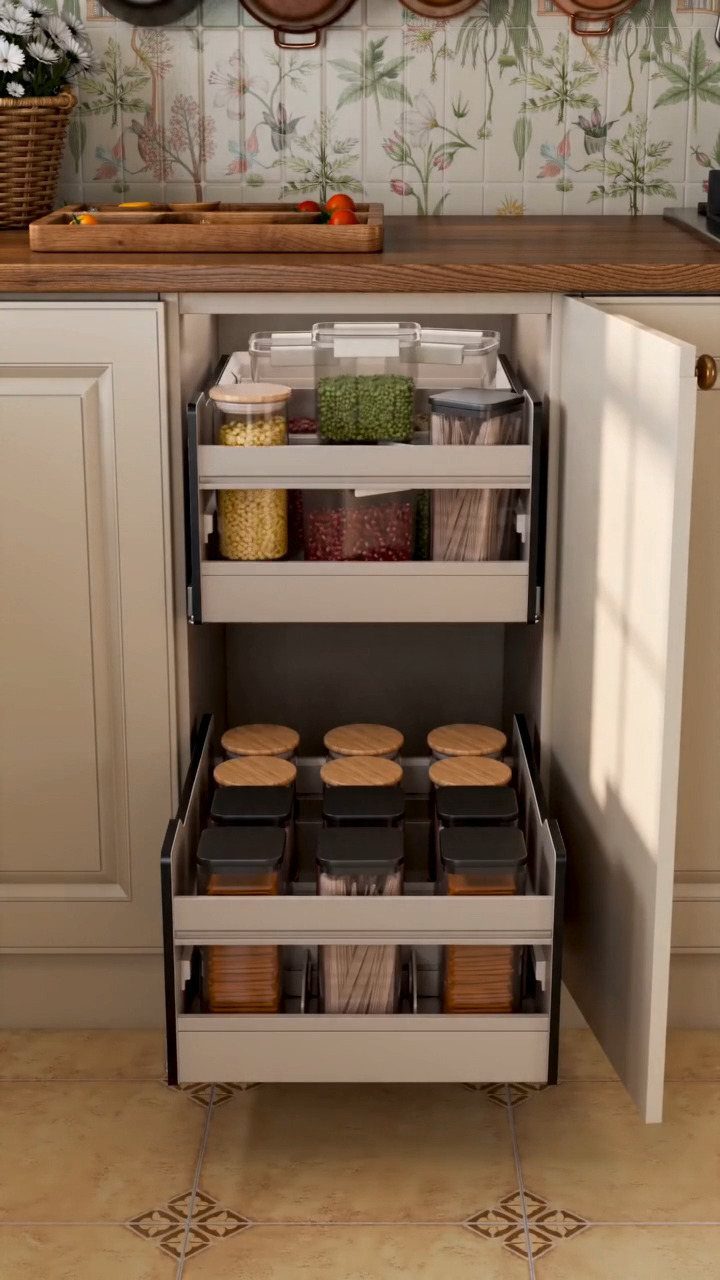 Two white pull-out cabinet drawers filled with glass storage jars in a kitchen.