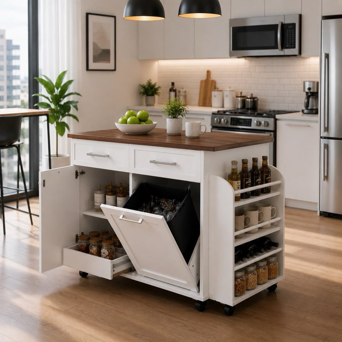White kitchen storage cart with wooden top, drawers, and open shelving in a kitchen.