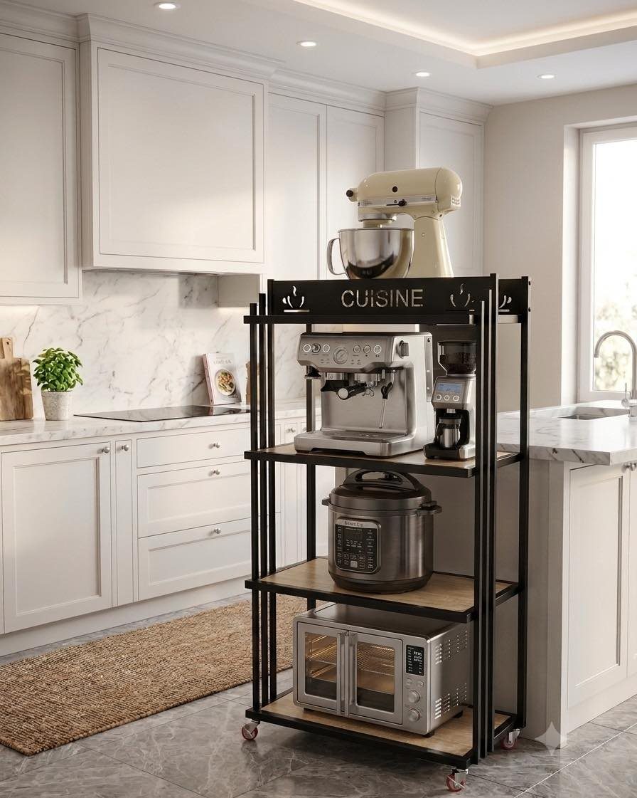 Black metal rolling cart holding various small kitchen appliances in a bright white kitchen.