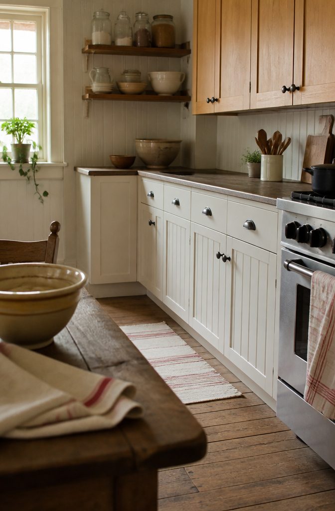 White beadboard lower cabinets beneath natural wood upper cabinets