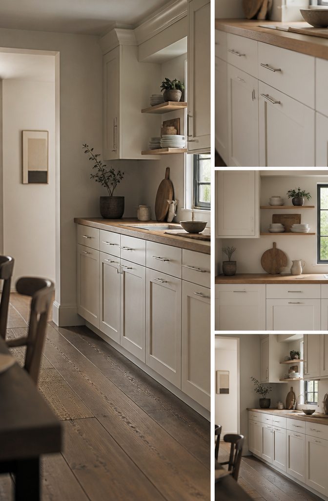 White Shaker kitchen cabinets with visible wood grain and simple hardware