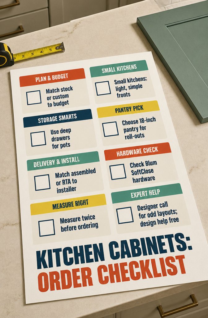 Kitchen cabinet ordering checklist with notes on layout, storage, hardware, and installation