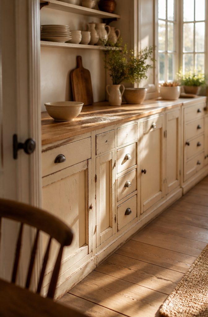 Wood kitchen cabinets with deliberately scraped edges and distressed marks