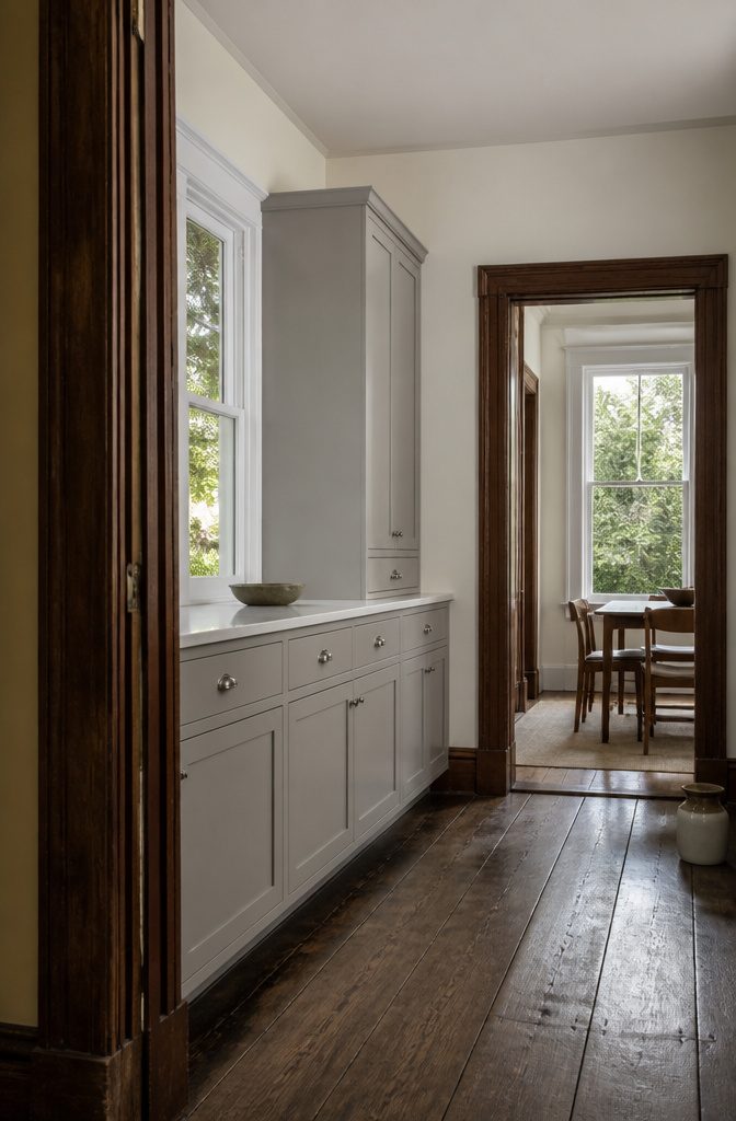 Kitchen with flat slab cabinet fronts beside older architectural trim