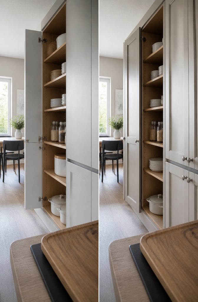 Frameless kitchen cabinet with doors and drawers fitted over the box