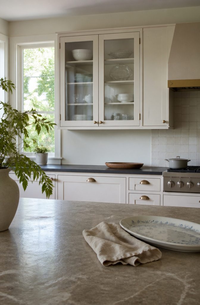 Wood-framed glass cabinet doors with white dishes and glassware on shelves