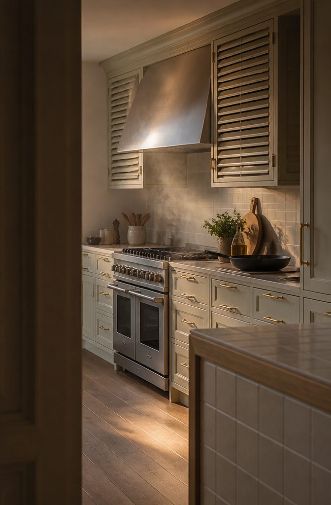 Pale louvered cabinet doors with horizontal slats beside a range hood