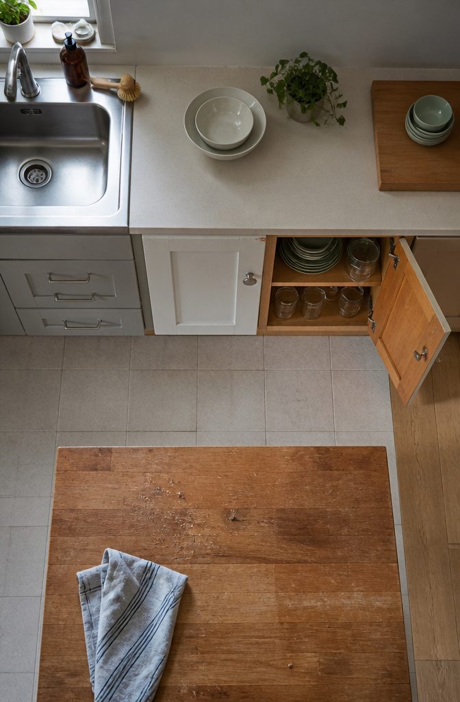 Kitchen cabinet material guide featuring wood, plywood, MDF, steel, laminate, glass, and paint