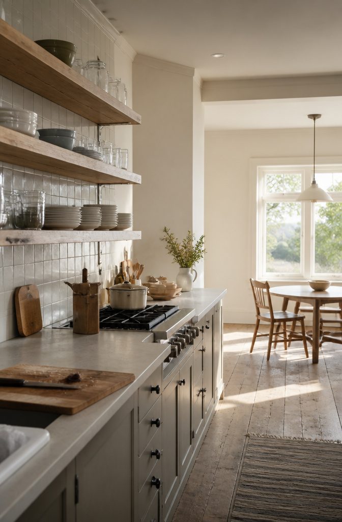 Open kitchen shelves holding dishes, glasses, and bowls beside a counter