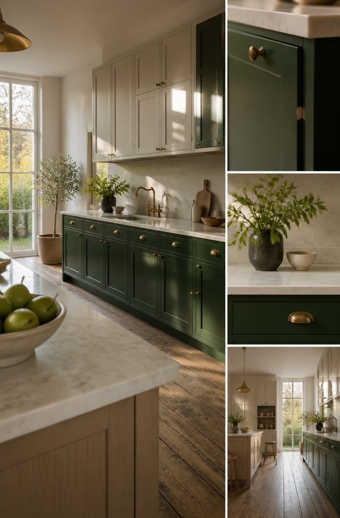 Kitchen with deep green lower cabinets and light upper cabinets