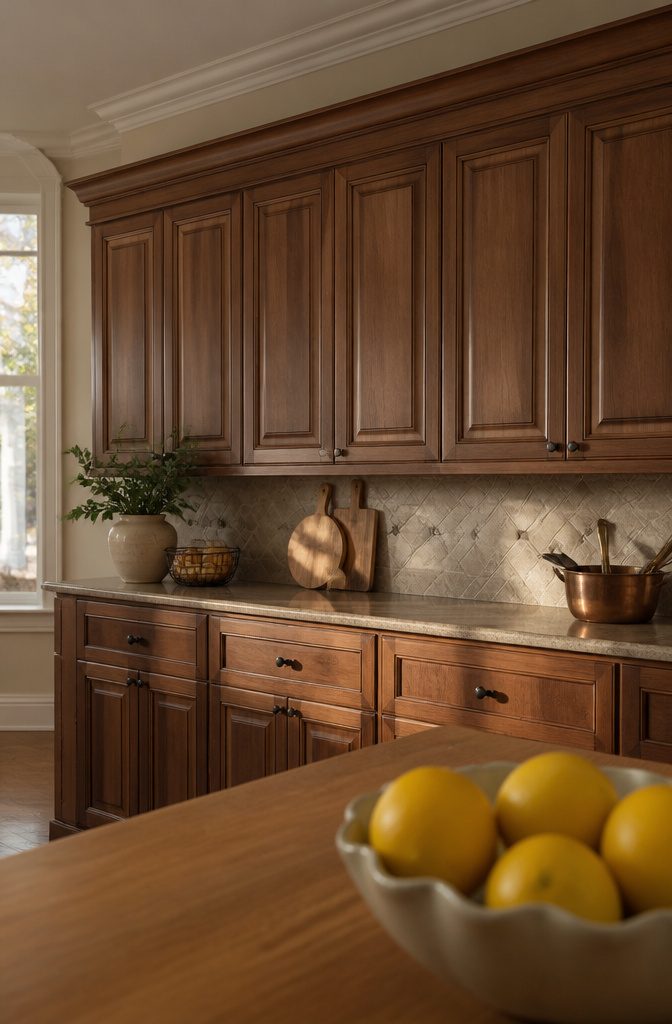 Traditional kitchen cabinets with raised wood panels and beveled edges