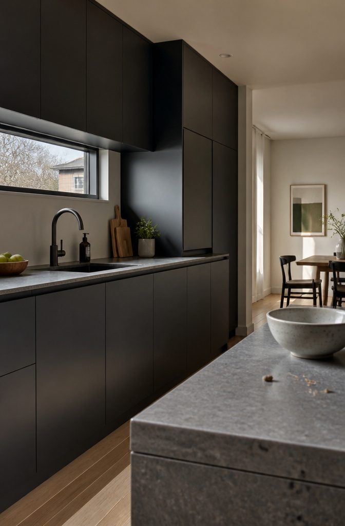 Dark matte kitchen cabinets with smooth handleless fronts and a visible fingerprint