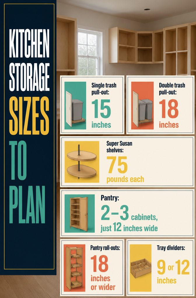 Kitchen storage size guide listing pull-outs, pantry cabinets, and tray dividers