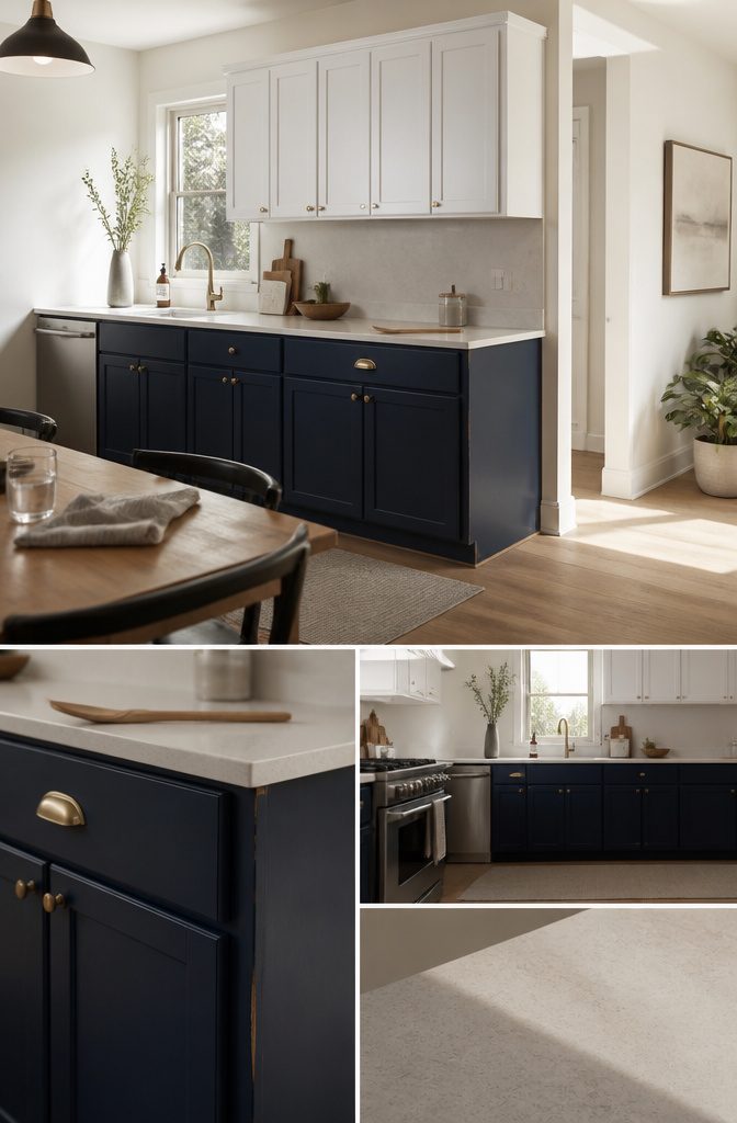 Kitchen with light upper cabinets and dark lower cabinets