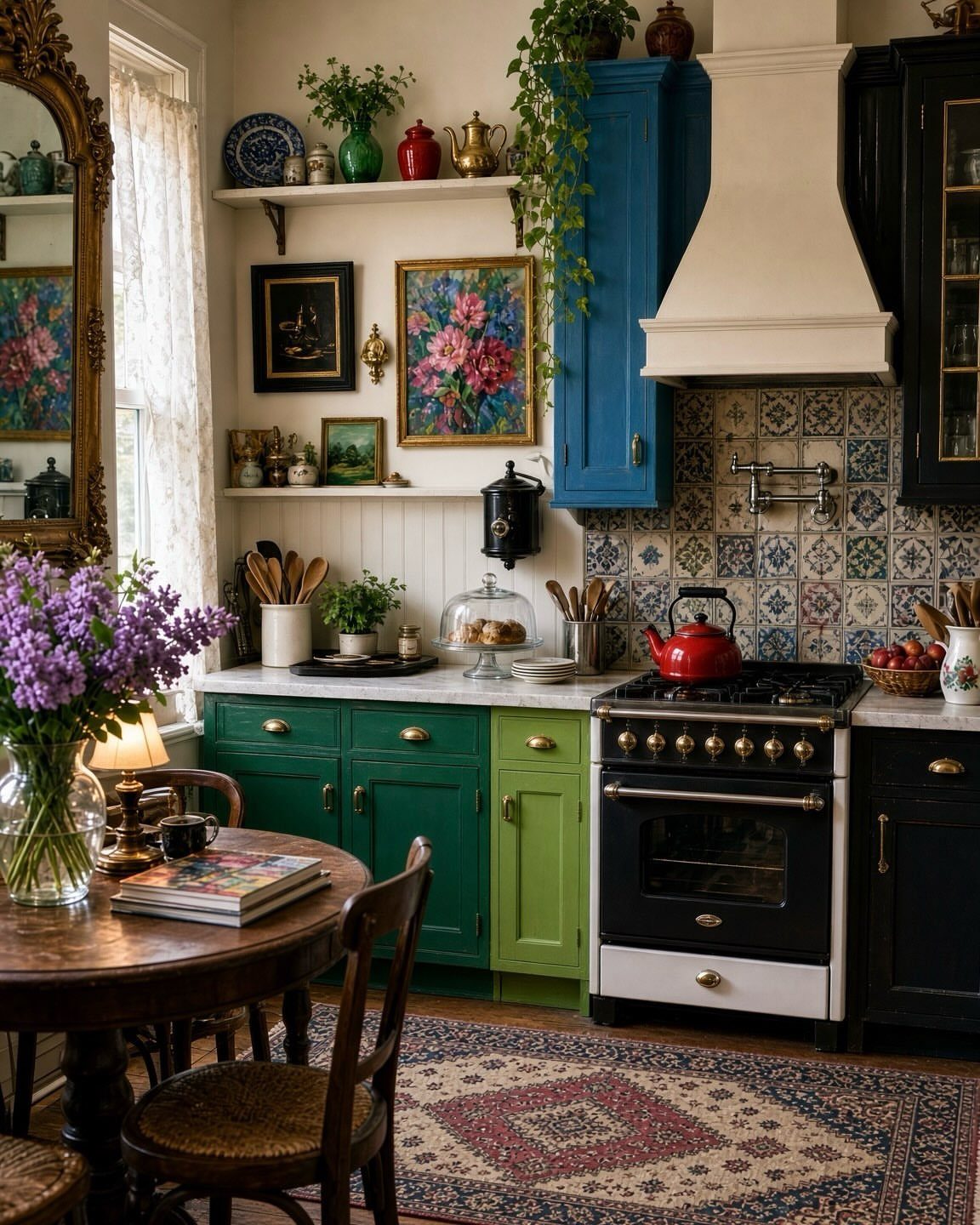 Wooden round table and chairs in a colorful cottage kitchen with vintage appliances.