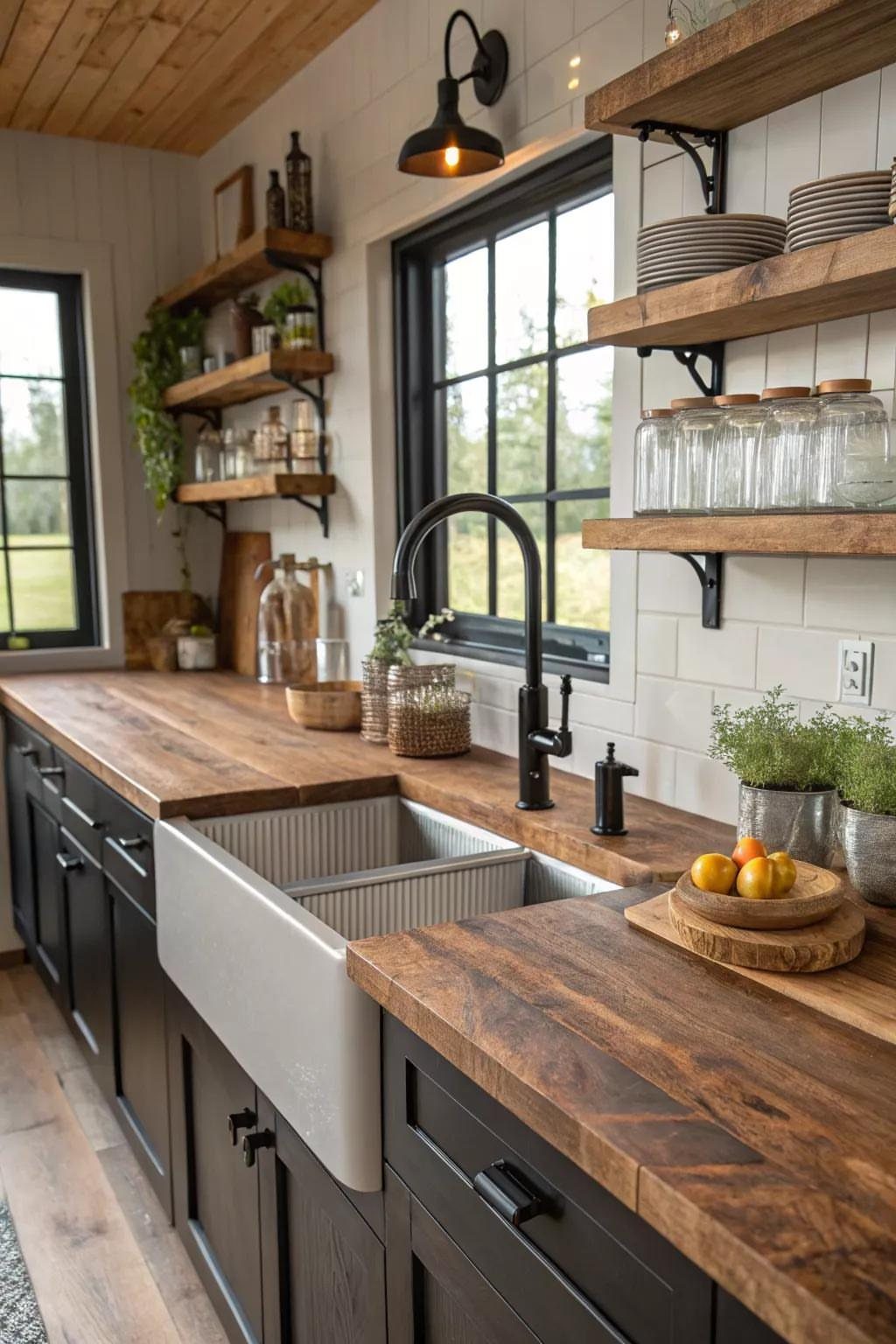 Wooden butcher block countertops with a white farmhouse sink and open shelving.